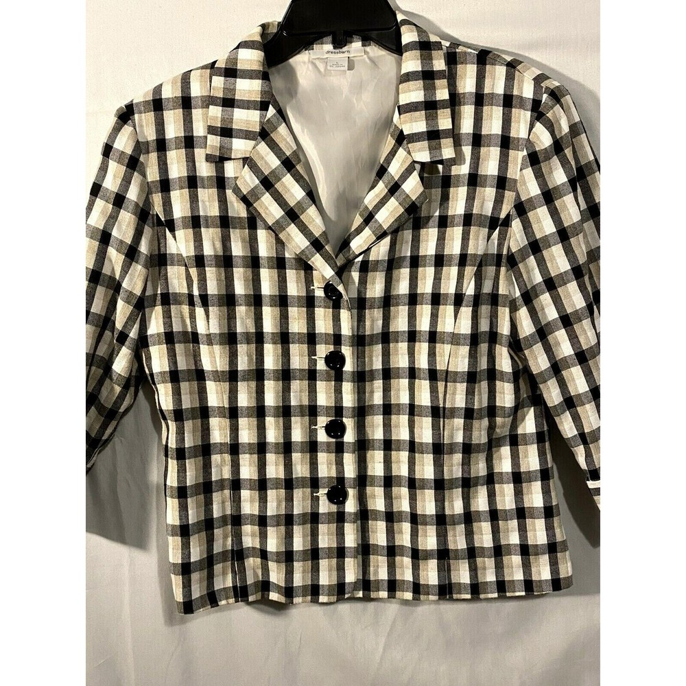Dressbarn Blazer Jacket L Brown Striped Pockets Padded 3/4 Sleeves Lined Short